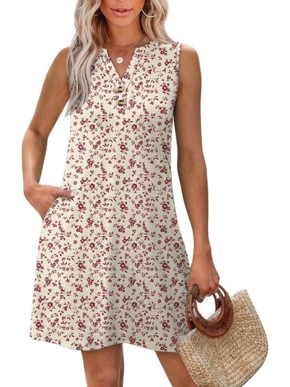 Women's Floral White Red Dresses Women Beach Vacation Clothes Button Mini Dress - Picture 2 of 6